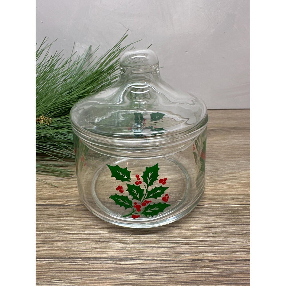 Vintage Indiana Glass Holly Berry Clear Glass Christmas Lidded Candy Jar 4.5"